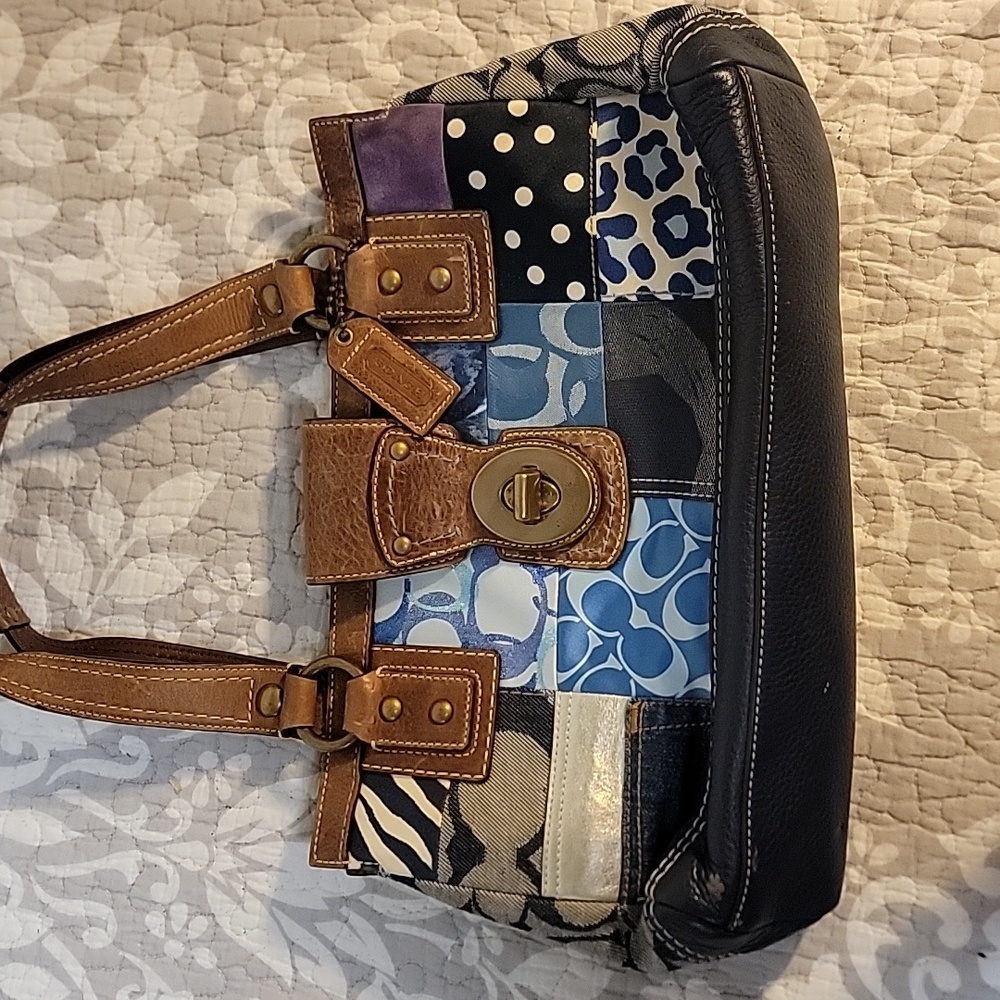 Coach Brown and Blue Satchel with Patchwork Design